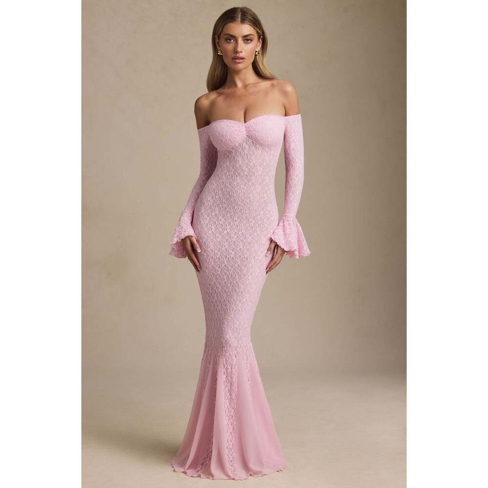 Oh Polly Off-Shoulder Ruffle Lace Maxi Dress in Soft Pink Size SS
